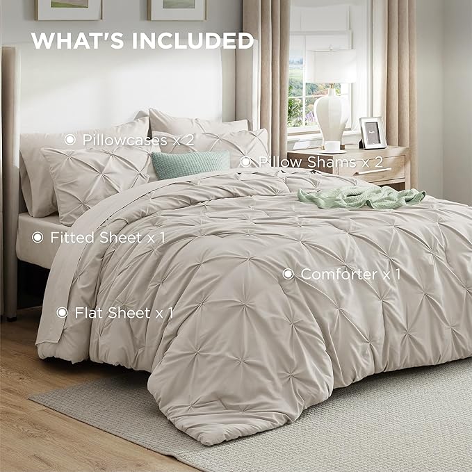 Bedsure Full Comforter Set Linen - Bed in a Bag Full Size Bedding Set 7 Pieces, GentleSoft™ Pintuck Bed Set Gift for Family, Pinch Pleat All Season Comforter with Sheets, Pillowcases & Shams