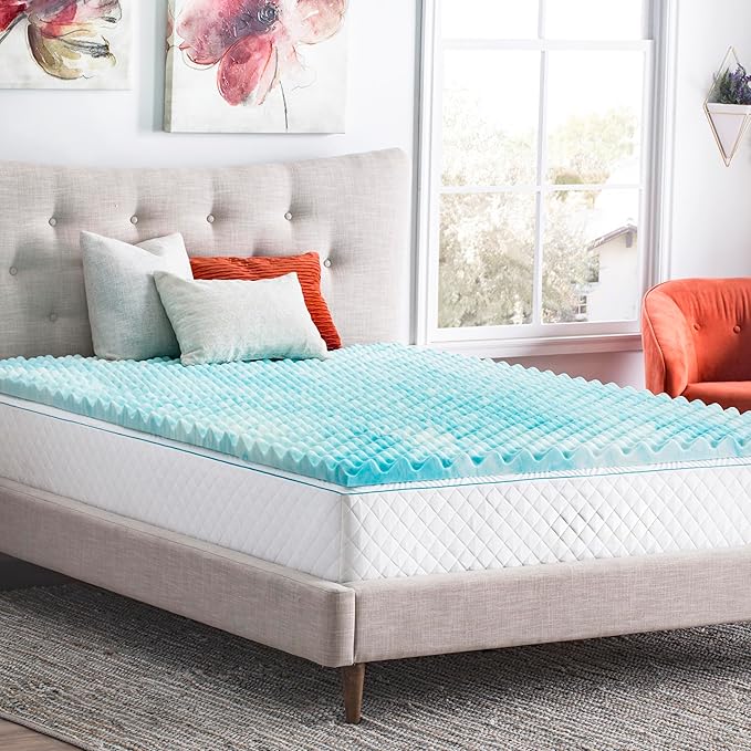 Linenspa 3 Inch Convoluted Gel Swirl Memory Foam Mattress Topper - Promotes Airflow - Relieves Pressure Points - Queen