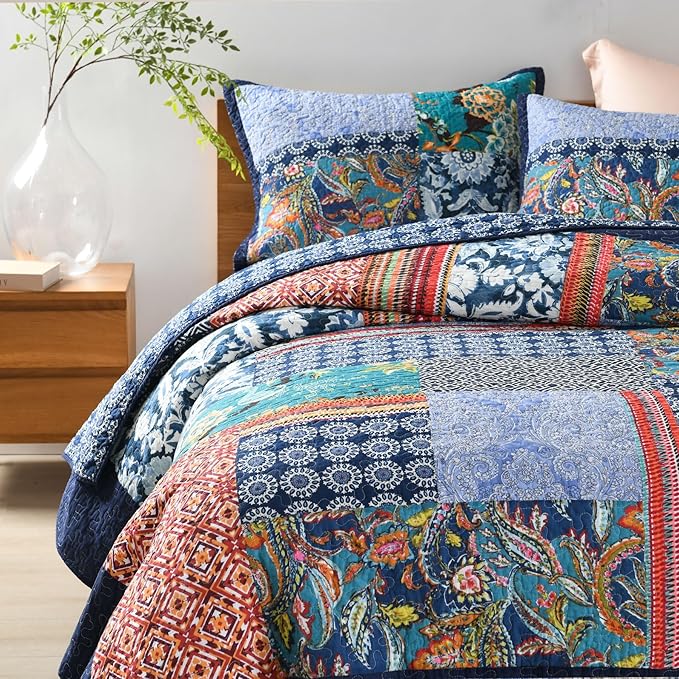 Secgo Queen Comforter Set for Bed - 100% Cotton Quilts Queen Size, Navy, Bohemia Bedspreads (90 * 98 Inch) with 2 Pillow Shams, Patchwork Reversible Lightweight Bedding