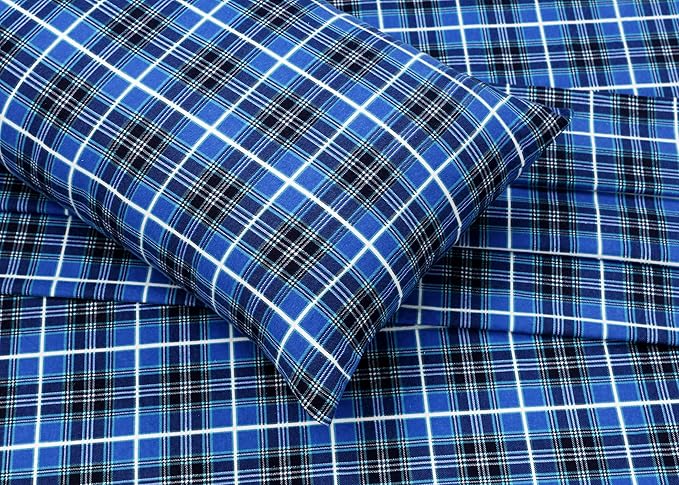RUVANTI Flannel Sheets Full Size - 100% Cotton Double Brushed Bed Sheets Set, Deep Pockets 16 Inches, All Seasons Breathable & Extra Soft Full Sheets, Warm & Cozy, 4 Piece, Blue Plaid