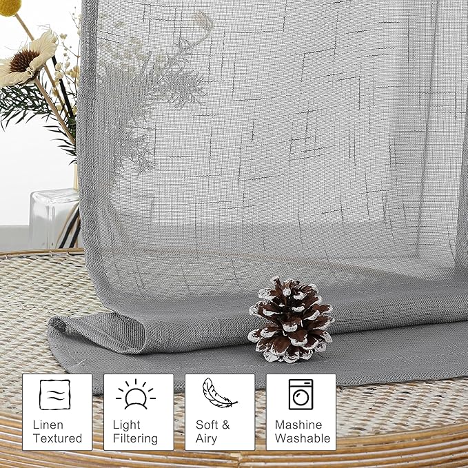 Aiyufeng Grey Sheer Curtains 45 Inch Length 2 Panels, Short Linen Curtains for Kitchen, Small Window Curtains Window Treatment Privacy with Light Filtering for Cafe/Bathroom, Each 30Wx45L Inch, Gray