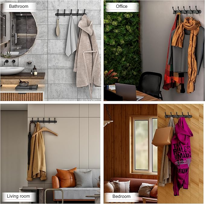 Black Coat Rack Wall Mounted - 16 Inch Heavy Duty Stainless Steel Matte Finish Wall Hook Rack - 5 Double Coat Hooks for Hanging Towels, Bags, Hat - Bathroom Entryway - 2 Pack