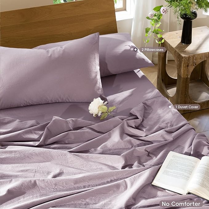 MooMee Bedding Duvet Cover Set 100% Washed Cotton Linen Like Textured Breathable Durable Soft Comfy (Solid Taro Purple, Oversized King Plus 128"x120")