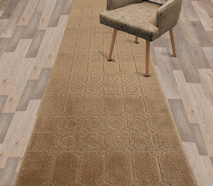 Custom Size Modern Abstract Floor Carpet Runner Rug for Hallways, Slip Resistant Latex Rubber Backed, 31 inch Wide X Customized Length, Art Gold Tan, 31 inch X 34 feet