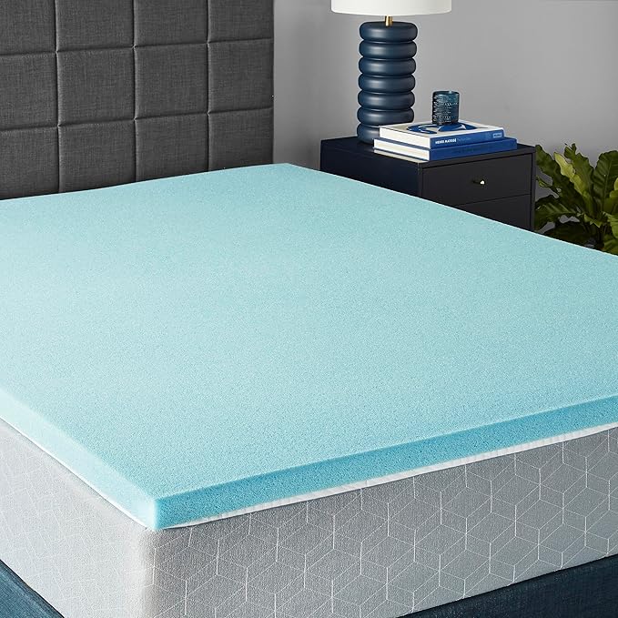 Amazon Basics Queen Mattress Topper, Cooling Gel-Infused, CertiPUR-US Certified, 2 Inches, Blue