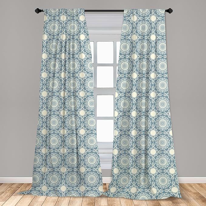 Ambesonne Circle Pattern Window Curtains, Wavy Bold Strokes Style Ornate Mandala Like Symmetrical Motif, Lightweight Decor 2-Panel Set with Rod Pocket, Pair of - 28" x 95", Petrol Blue Cream