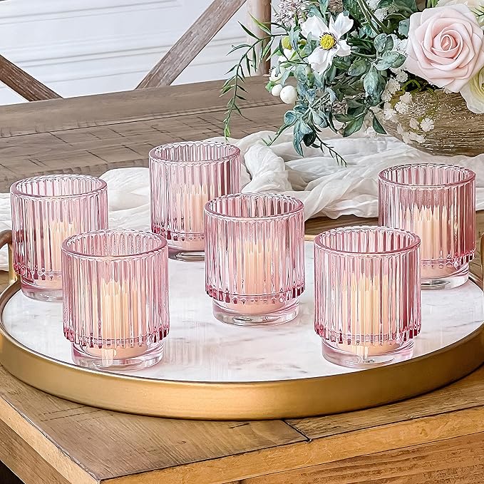 Blush Pink Vintage Ribbed Glass Tealight Votive Candle Holders by Kate Aspen (Set of 6), Pink Decor, Boho Decor, Shelf Decoration, Rose Gold Look | Perfect Hostess Gift (Pack of 6)