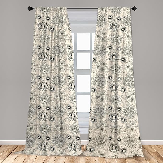 Ambesonne Dahlia Curtains, Vintage Style Garden Flower Sketches of Dahlia and Chrysanthemum Botany Theme, Window Treatments 2 Panel Set for Living Room Bedroom, Pair of - 28" x 95", Beige Black
