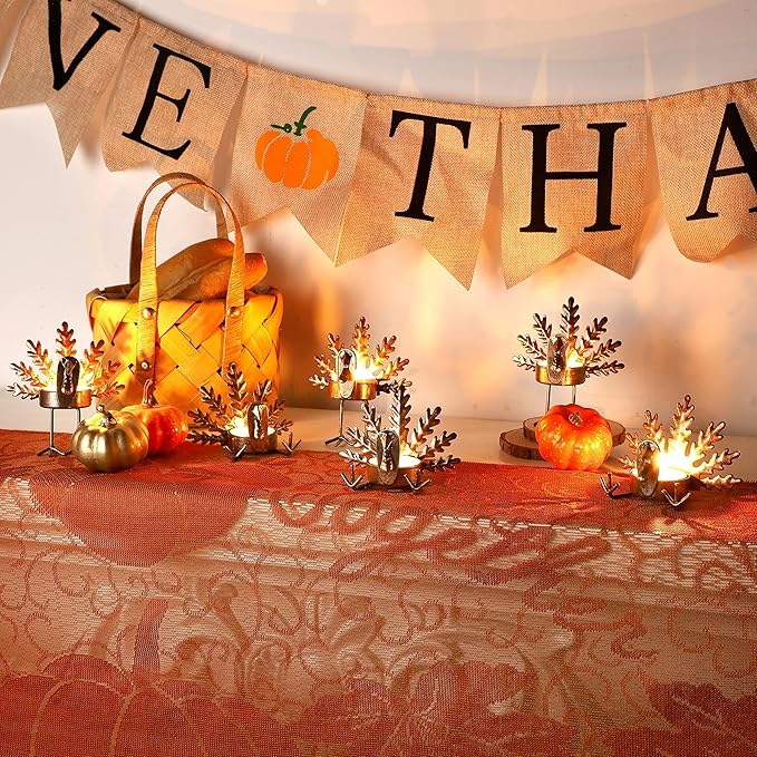 FORUP 12 Pack Metal Turkey Tea Light Candle Holders, Thanksgiving Candle Holder, Thanksgiving Home Table Decoration