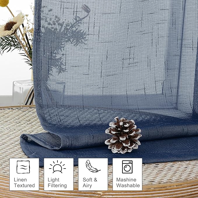 Aiyufeng Kirei Faux Linen Navy BlueSheer Curtains 84 Inches Length 2 Panels, Light Filtering Slub Textured Elegant Rod Pocket Curtain Drapes for Farmhouse Living Room Bedroom, Each 40Wx84L Inch, Blue