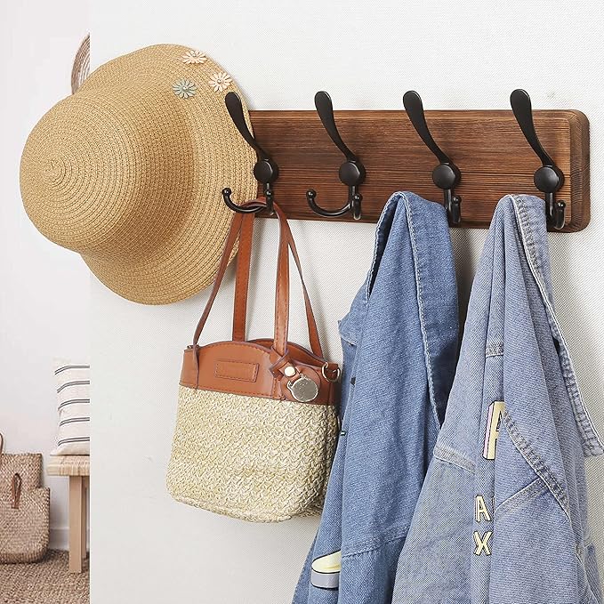 Dseap Coat Rack Wall Mounted - 5 Tri Hooks, Heavy Duty, Wooden Wall Coat Hanger Coat Hook for Clothes Hat Jacket Clothing, Natural & Black, 2 Packs
