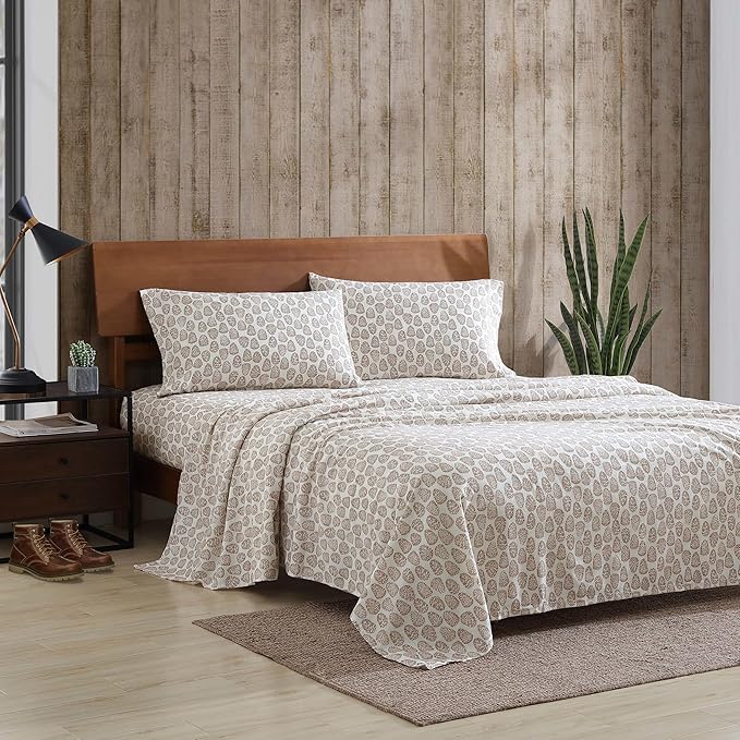 Eddie Bauer - Queen Sheets, Cotton Flannel Bedding Set, Brushed For Extra Softness, Cozy Home Decor (Little Creek Pine Cone Beige, Queen)