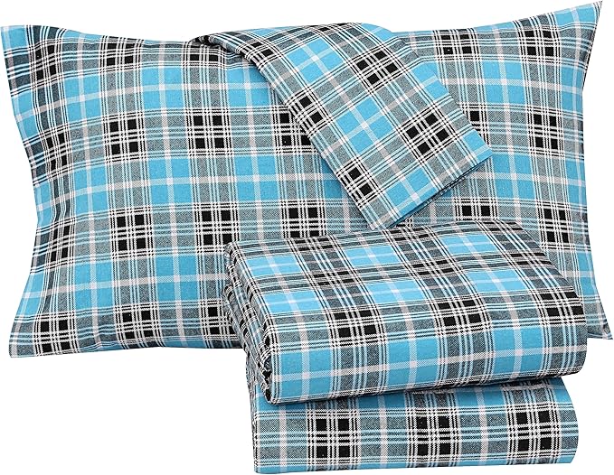 RUVANTI Flannel Sheets Queen Size - 100% Cotton Double Brushed Bed Sheets, Deep Pockets 16 Inches Queen Sheet Set, All Seasons Breathable & Extra Soft - Warm & Cozy, 4 Piece, Teal Plaid