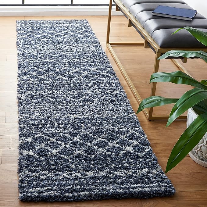 SAFAVIEH Arizona Shag Collection Runner Rug - 2'3" x 8', Slate Blue & Ivory, Moroccan Design, Non-Shedding & Easy Care, 1.6-inch Thick Ideal for High Traffic Areas in Living Room, Bedroom (ASG741L)
