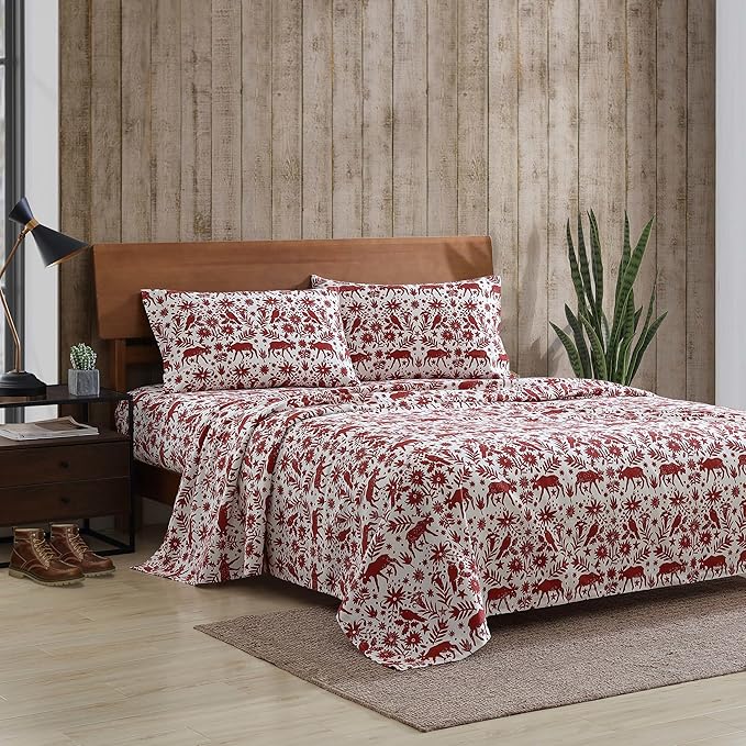Eddie Bauer 3 Pc Flannel Sheets Twin Size - 100% Cotton Breathable & Soft Twin Sheets Set (1 Flat, 1 Flannel Fitted Sheet & 1 Pillowcase) - 12" Deep Pocket All Seasons Sheet Set (Arcadia Red)