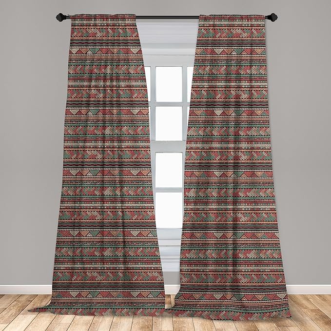 Ambesonne Boho Window Curtains, Hand Drawn Inspired Print of Triangles Colorful Latin American Folklore Motifs, Lightweight Decor 2-Panel Set with Rod Pocket, Pair of - 28" x 84", Maroon Coral