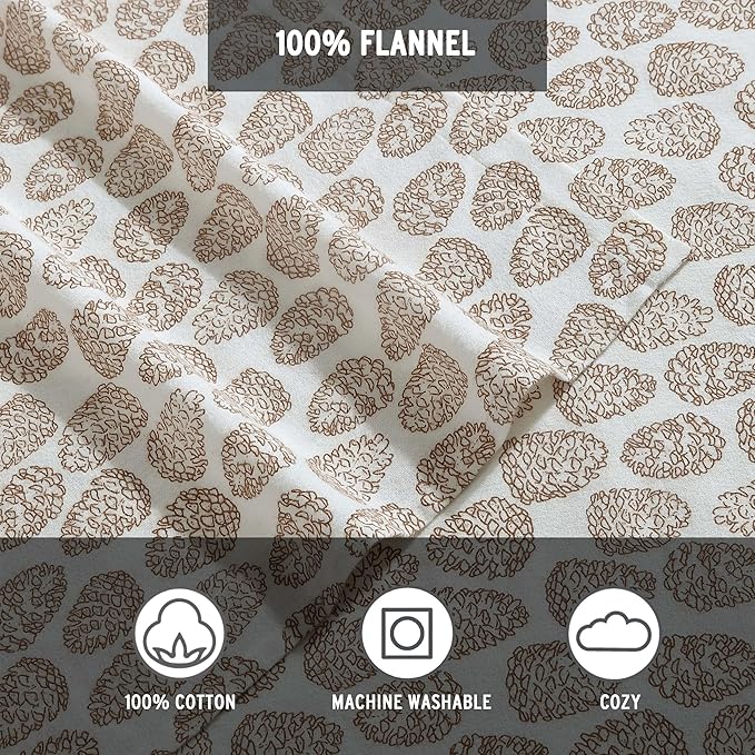Eddie Bauer - King Sheets, Cotton Flannel Bedding Set, Brushed For Extra Softness, Cozy Home Decor (Little Creek Pine Cone Beige, King)