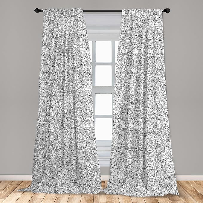 Ambesonne Black and White Window Curtains, Paisley Design with Sketch Style Flowers Leaves on Monochrome Background, Decor 2-Panel Set with Rod Pocket, Pair of - 28" x 84", White and Charcoal