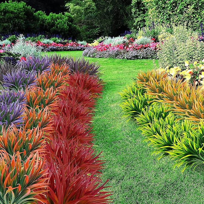 16pcs Artificial Plants Outdoor Flowers UV Resistant Fake Tall Grass Plants Faux Tropical Shrubs Plastic Greenery Bushes Front Porch Patio Garden Outside Decoration