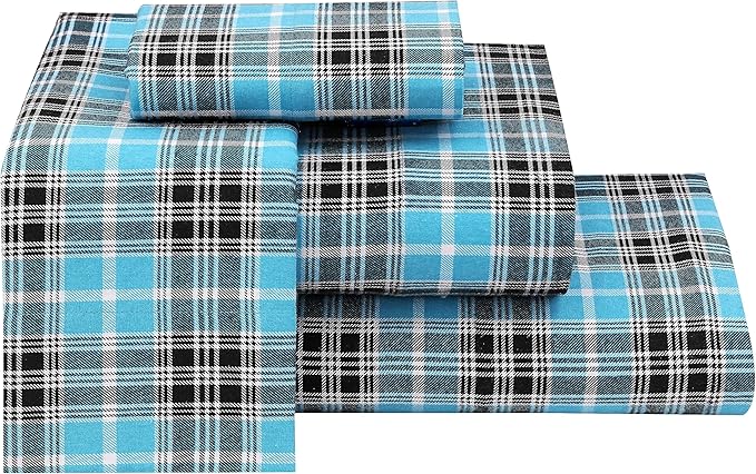 RUVANTI Flannel Sheets Full Size - 100% Cotton Double Brushed Bed Sheets Set, Deep Pockets 16 Inches, All Seasons Breathable & Extra Soft Full Sheets, Warm & Cozy, 4 Piece, Teal Plaid
