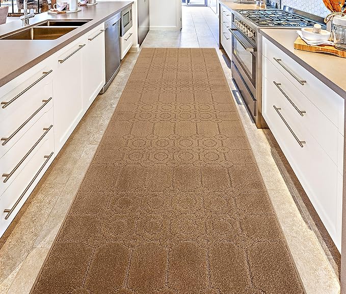 Custom Size Modern Abstract Floor Carpet Runner Rug for Hallways, Slip Resistant Latex Rubber Backed, 31 inch Wide X Customized Length, Art Gold Tan, 31 inch X 30 feet