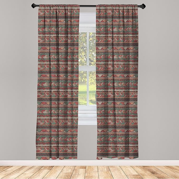 Ambesonne Boho Window Curtains, Hand Drawn Inspired Print of Triangles Colorful Latin American Folklore Motifs, Lightweight Decor 2-Panel Set with Rod Pocket, Pair of - 28" x 63", Maroon Coral