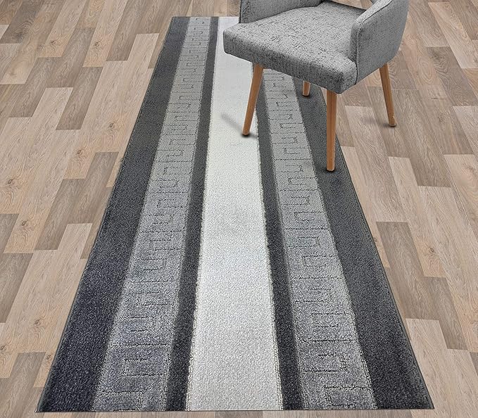 Custom Length Cut to Size Ancient Latin Hellenic Motif Carpet Runner Rug for Hallways, Non Slip Rubber Backed, 31 inch Wide X Customized Length, Greek Key Grey, 31 inch X 18 feet