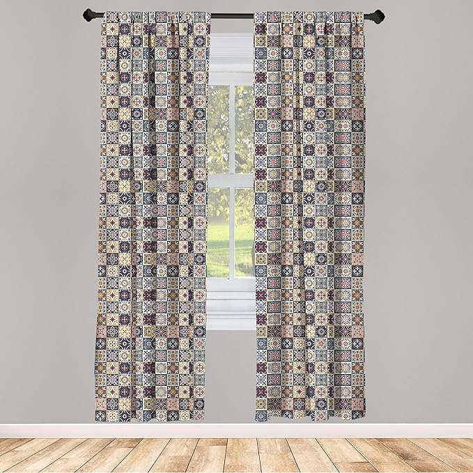 Ambesonne Moroccan Window Curtains, Portuguese Azulejo Checkered Squares Colorful Pattern Floral Arrangement, Lightweight Decor 2-Panel Set with Rod Pocket, Pair of - 28" x 84", Dark Blue Amber Red