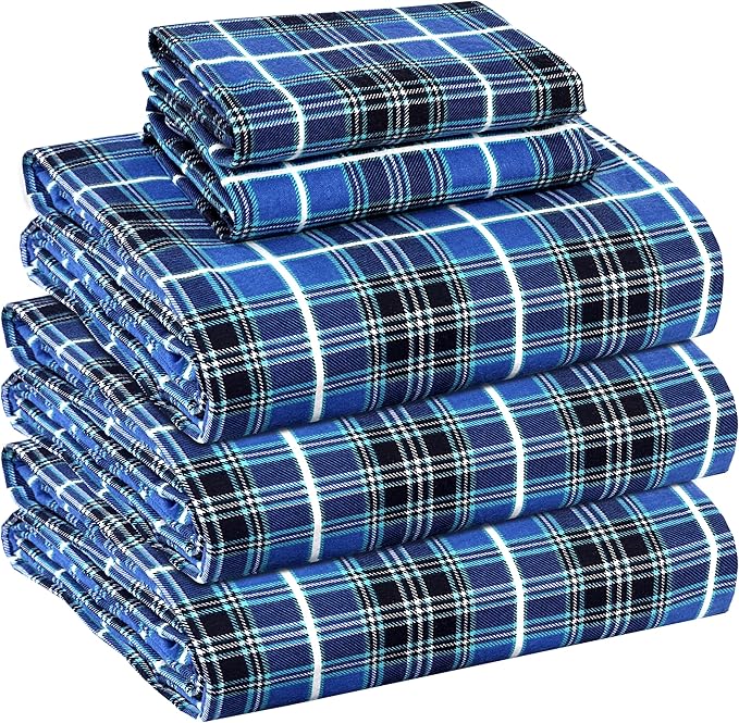 RUVANTI Flannel Sheets Split King Size - 100% Cotton Brushed Split King Bed Sheets Set, Deep Pockets 16 Inches, All Seasons Breathable & Extra Soft, Warm & Cozy, 5 Piece, Blue Plaid