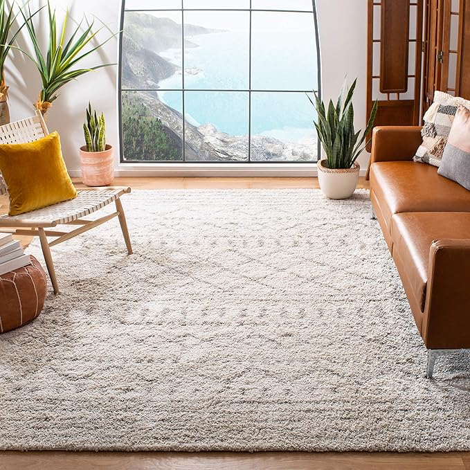 SAFAVIEH Arizona Shag Collection Area Rug - 8' Square, Ivory & Beige, Moroccan Design, Non-Shedding & Easy Care, 1.6-inch Thick Ideal for High Traffic Areas in Living Room, Bedroom (ASG741A)