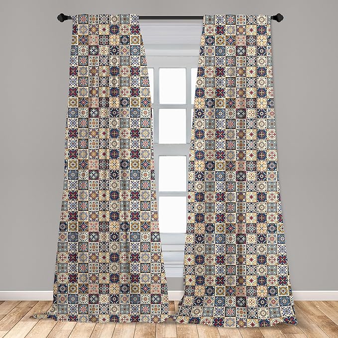Ambesonne Moroccan Window Curtains, Portuguese Azulejo Checkered Squares Colorful Pattern Floral Arrangement, Lightweight Decor 2-Panel Set with Rod Pocket, Pair of - 28" x 63", Dark Blue Amber Red