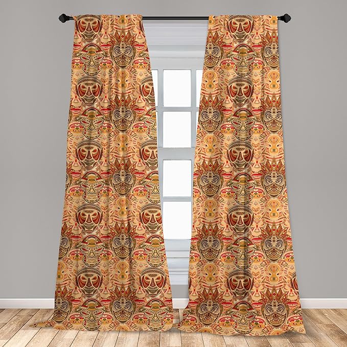 Ambesonne African Curtains, Motif with Pattern Design, Window Treatments 2 Panel Set for Living Room Bedroom, Pair of - 28" x 63", Brown Orange