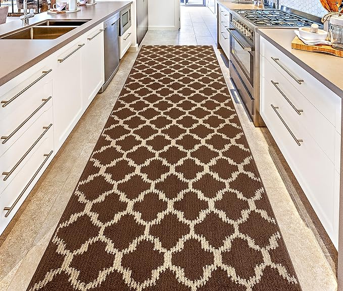 Custom Size Cut to Length Moroccan Trellis Design Runner Rug Mat For Wide Long Hallways with Non-Slip Rubber Backing, Better Traction for Pets, Prevent Slippage, Trellis Brown, 31 inch X 13 feet